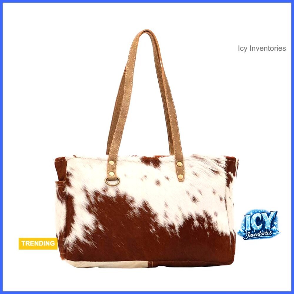 Upcycled Canvas & Cowhide Small Handbag with Multiple Pockets